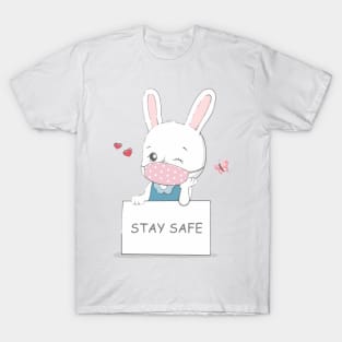 stay safe message with cute rabbit wearing face mask cartoon hand drawn T-Shirt
